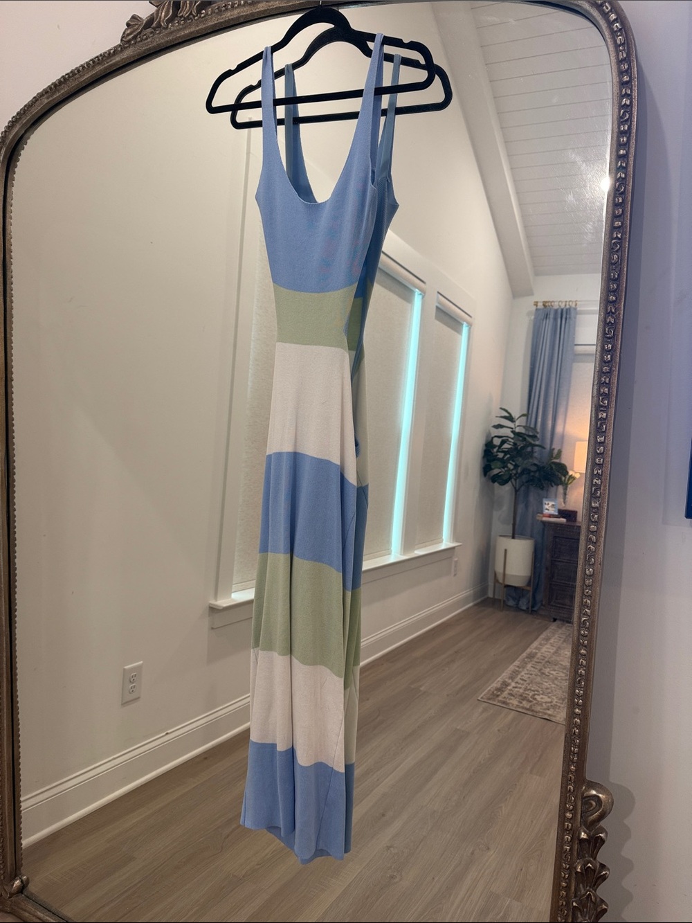 Backless Striped Maxi Dress in Blue, Green & White